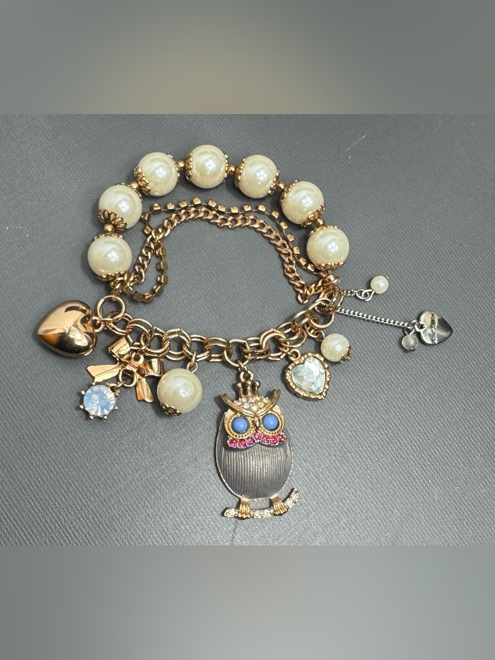 Vintage Betsy Johnson Whimsical Boho Owl Heart Charm Half Stretch Bracelet